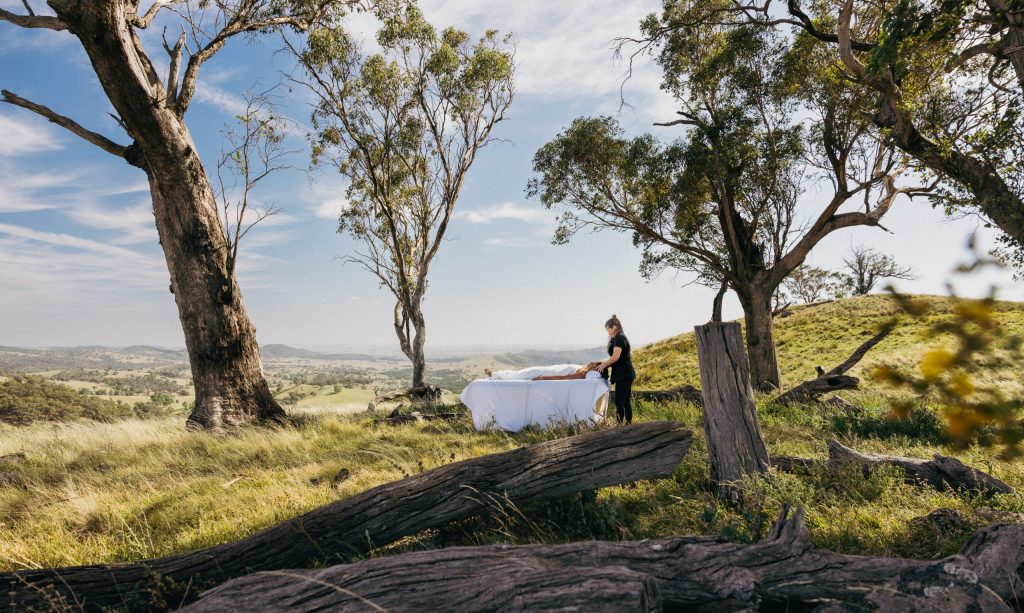 Luxury safari-style glamping tent overlooking the hills of the Mudgee region, NSW