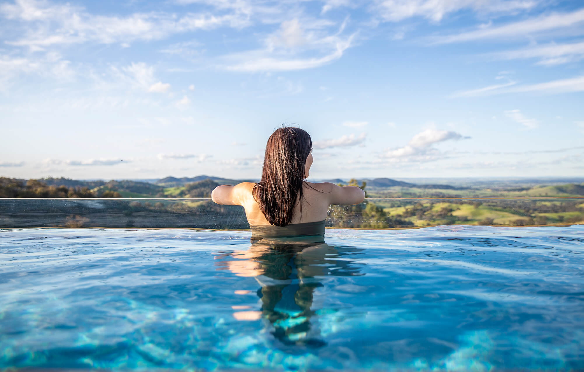 Seasonal swimming pool at Sierra Escape glamping, Mudgee region